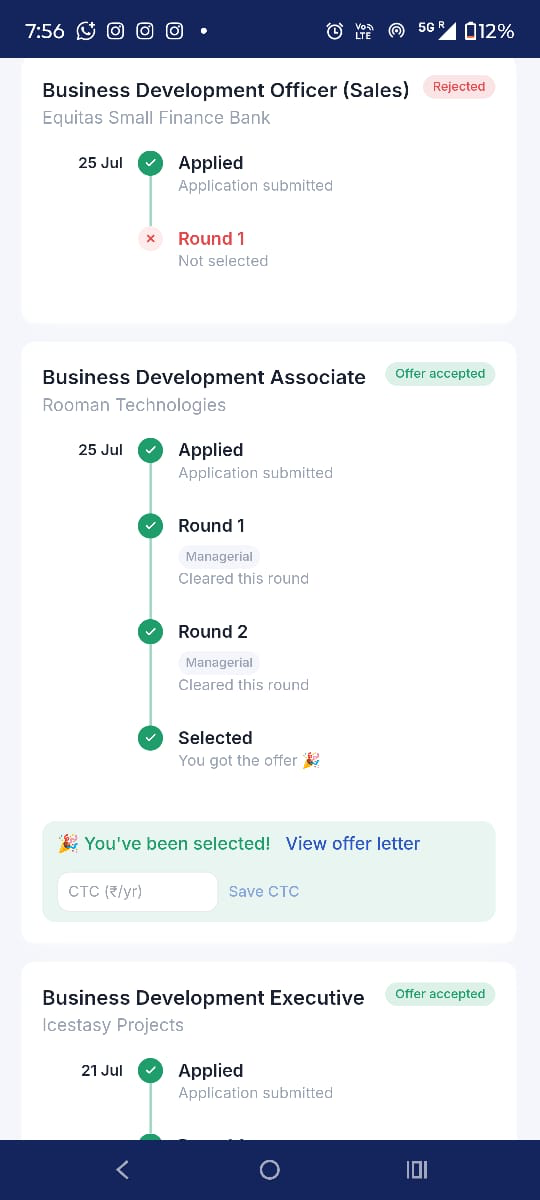 Application timeline — every round, cleared or not, and the offer when selected