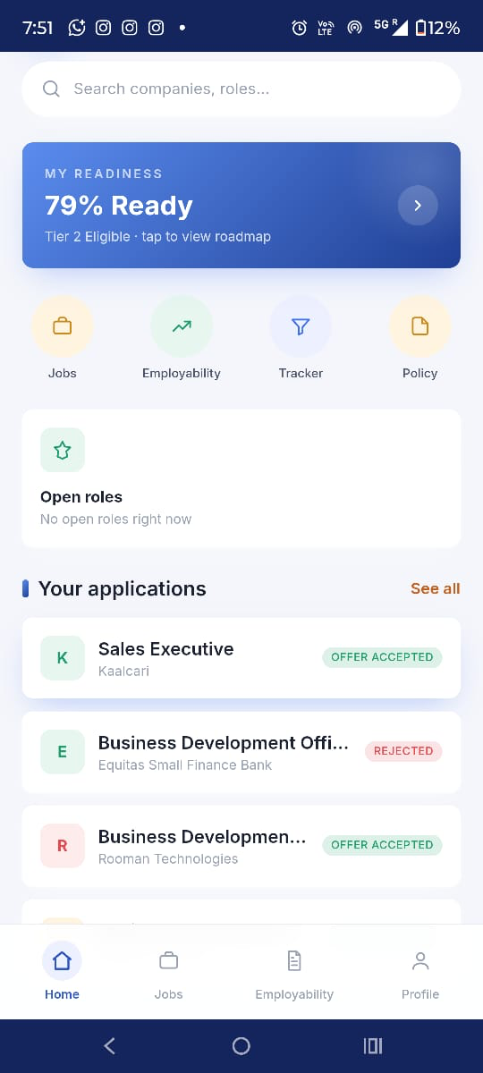 Student app home — readiness banner, quick actions and a live list of applications