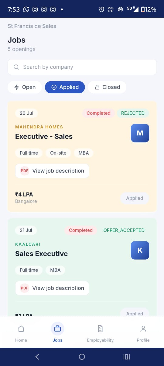Jobs list — Open / Applied / Closed tabs with per-job lifecycle and application status