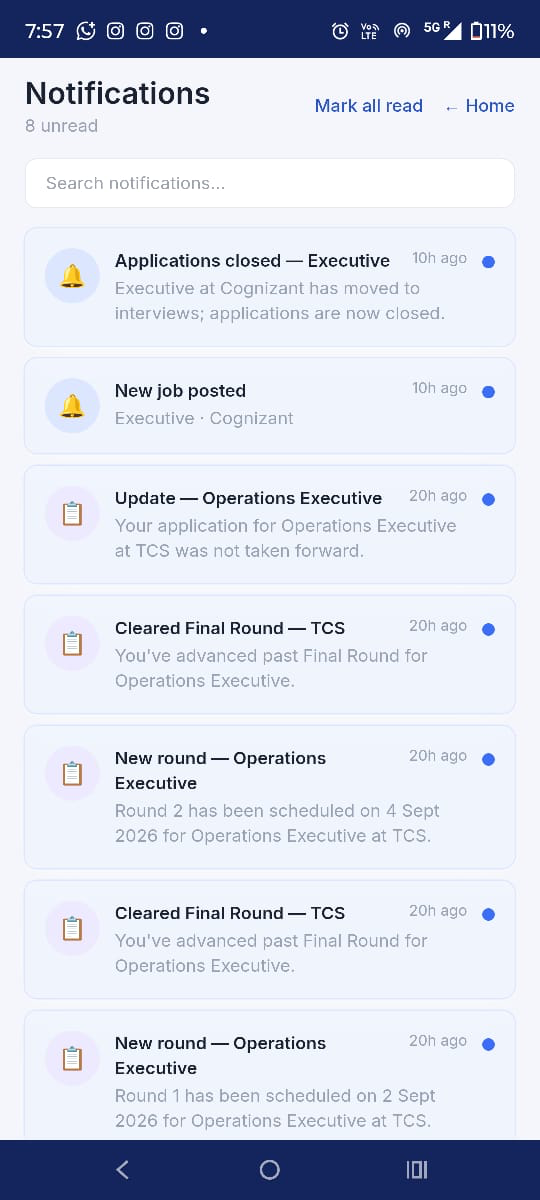 Notifications — new jobs, scheduled rounds, results and offer updates